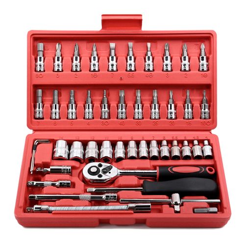 46Pcs Socket Wrench Set - Auto Repair Tool Kit Red